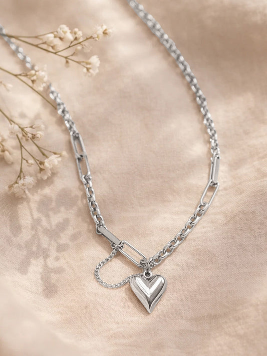 Demi Fine Rhodium Plated Stainless steel Paperclip Curb Chain Heart Pendant Necklace Length - 24.5 cm