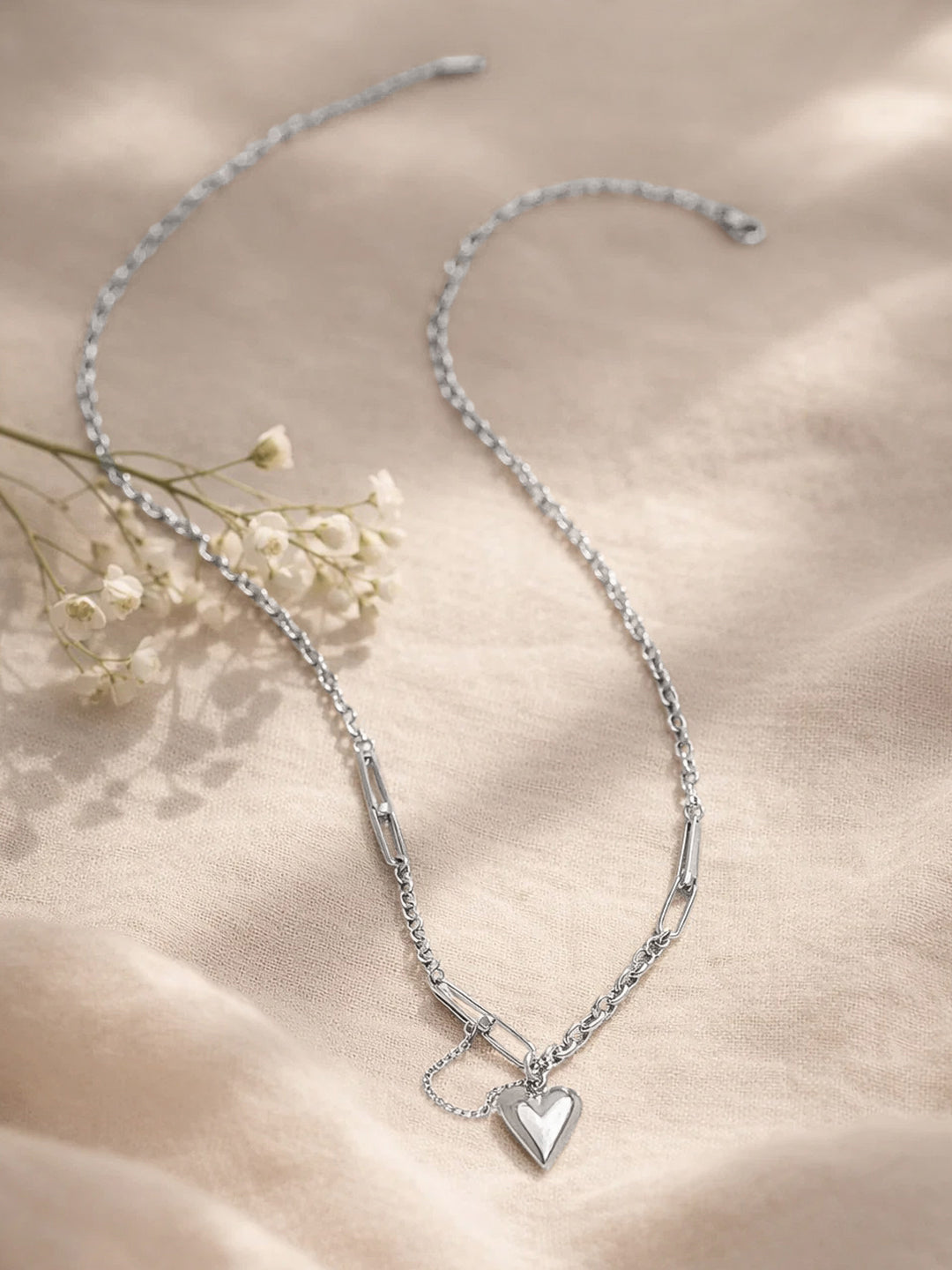 Demi Fine Rhodium Plated Stainless steel Paperclip Curb Chain Heart Pendant Necklace Length - 24.5 cm