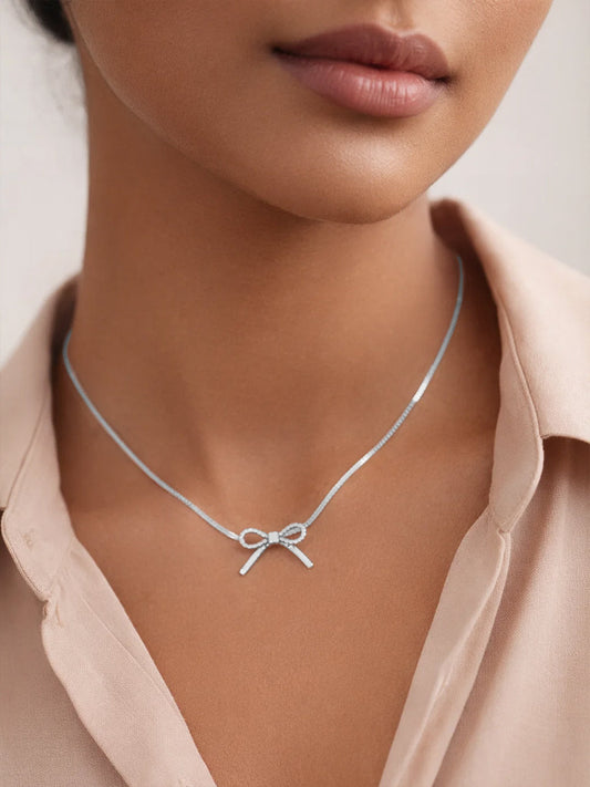Demi Fine Rhodium Plated Stainless steel Bow Knot Snake Chain Necklace Length - 16.4 cm