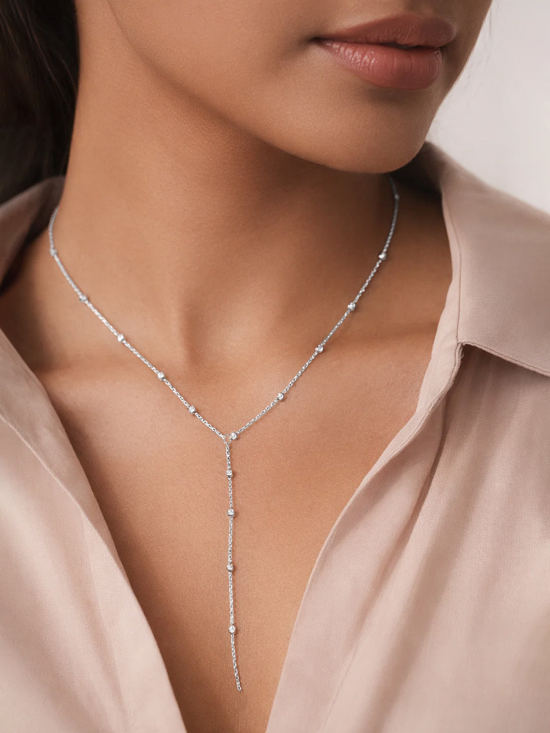 Demi Fine Rhodium Plated Stainless steel Ball Bead Chain Lariat Drop Necklace Length - 43 cm