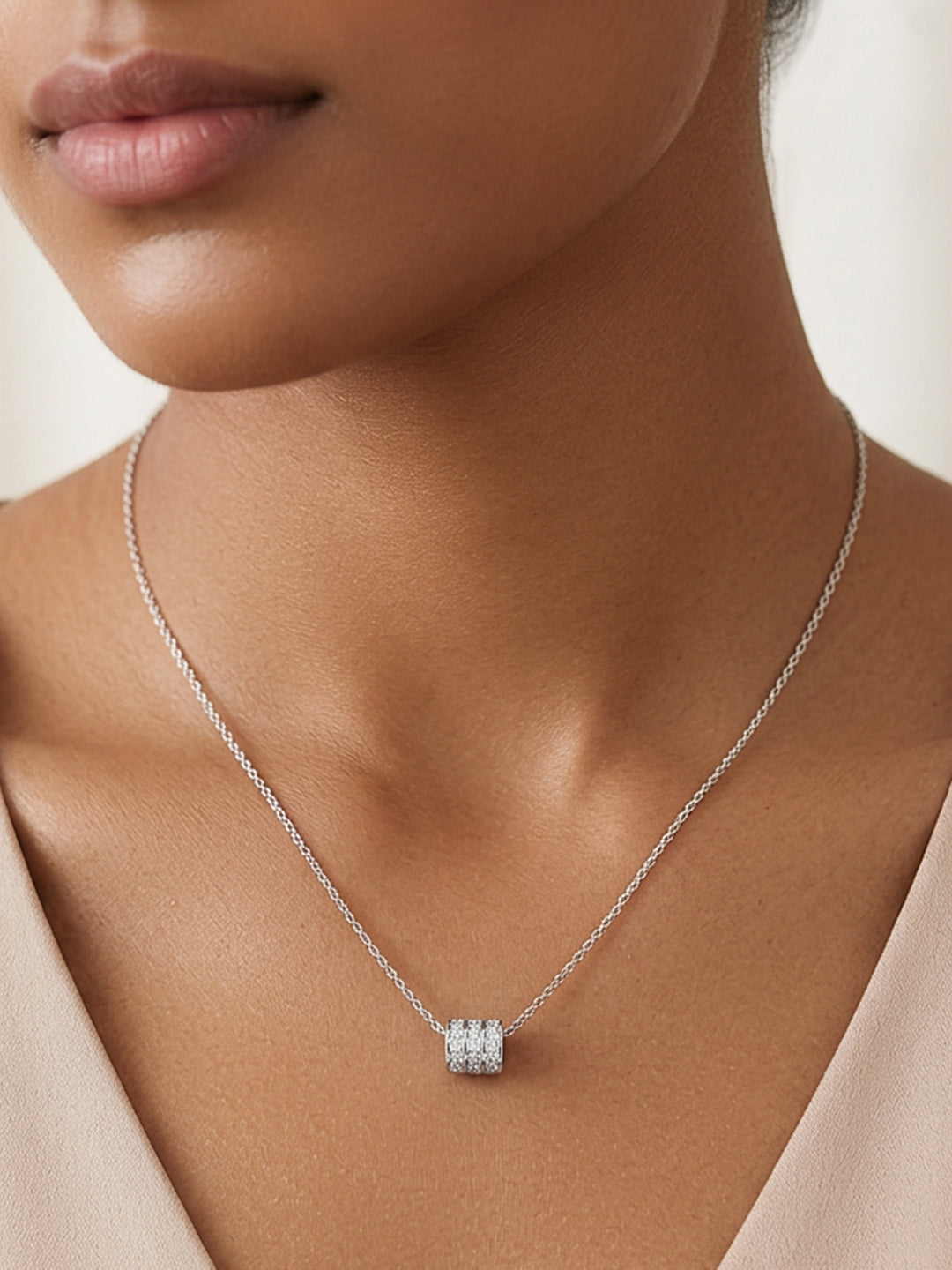 Demi Fine Rhodium Plated Stainless steel Cubic Zirconia Bar Pendant Necklace Length - 19.5 cm