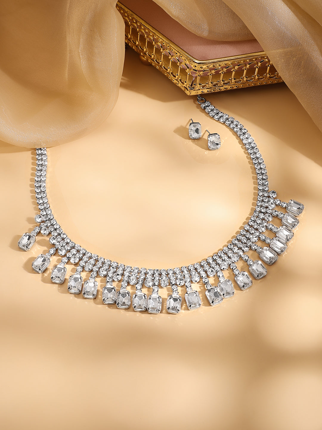 Silver Toned Cubic Drops Necklace Set Silver