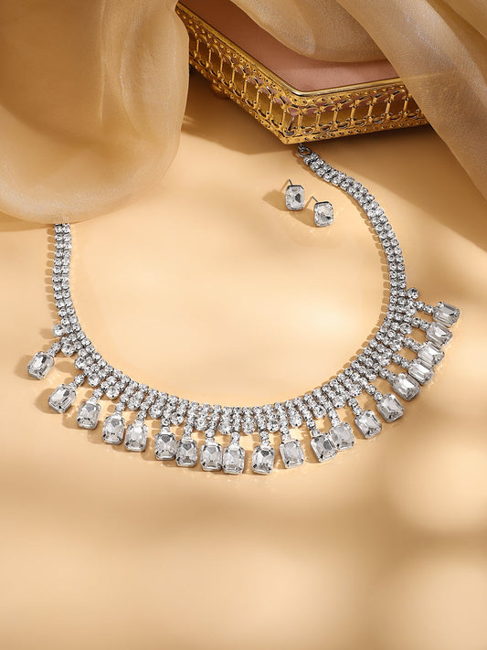 Silver Toned Cubic Drops Necklace Set Silver