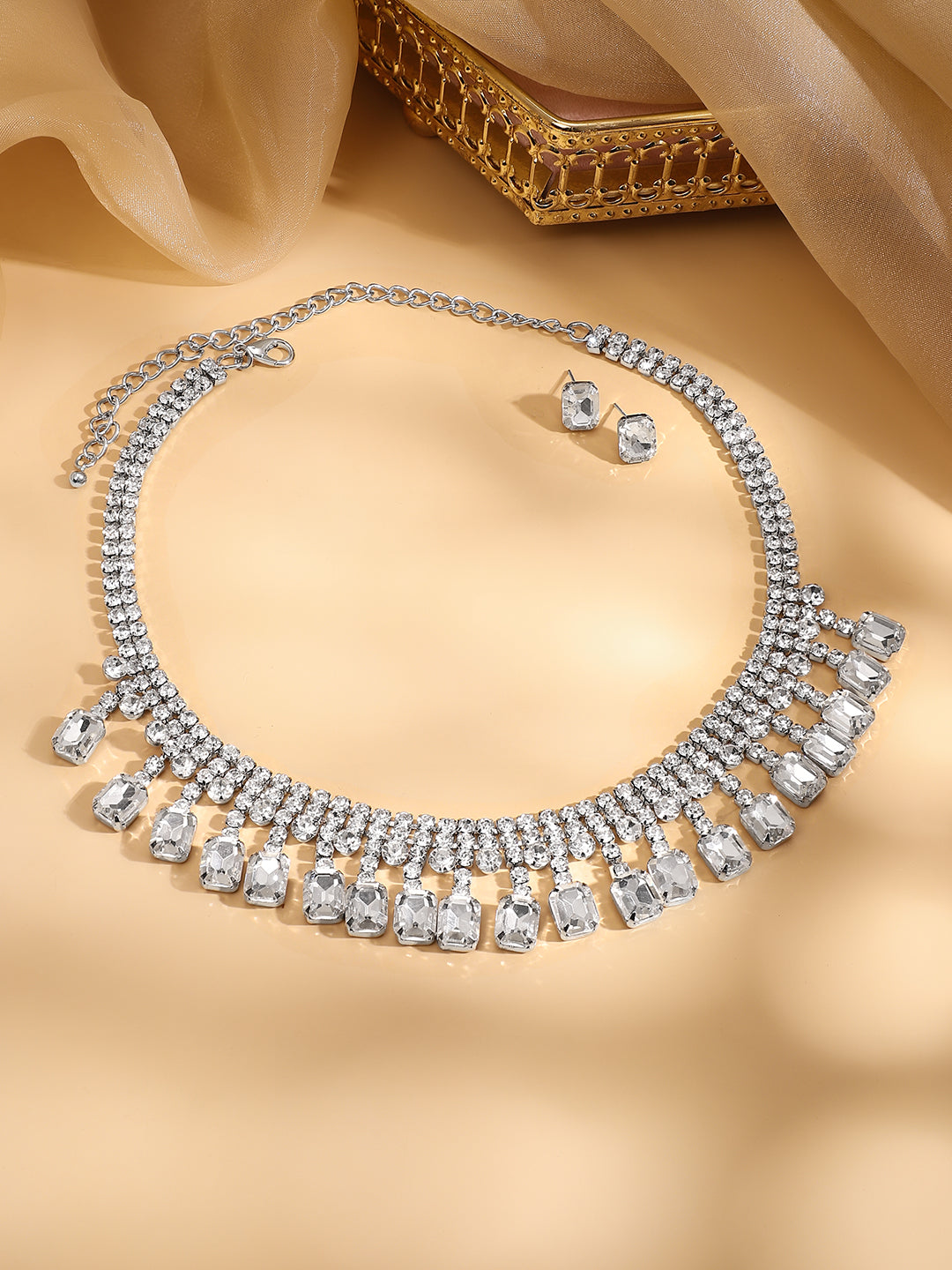 Silver Toned Cubic Drops Necklace Set Silver