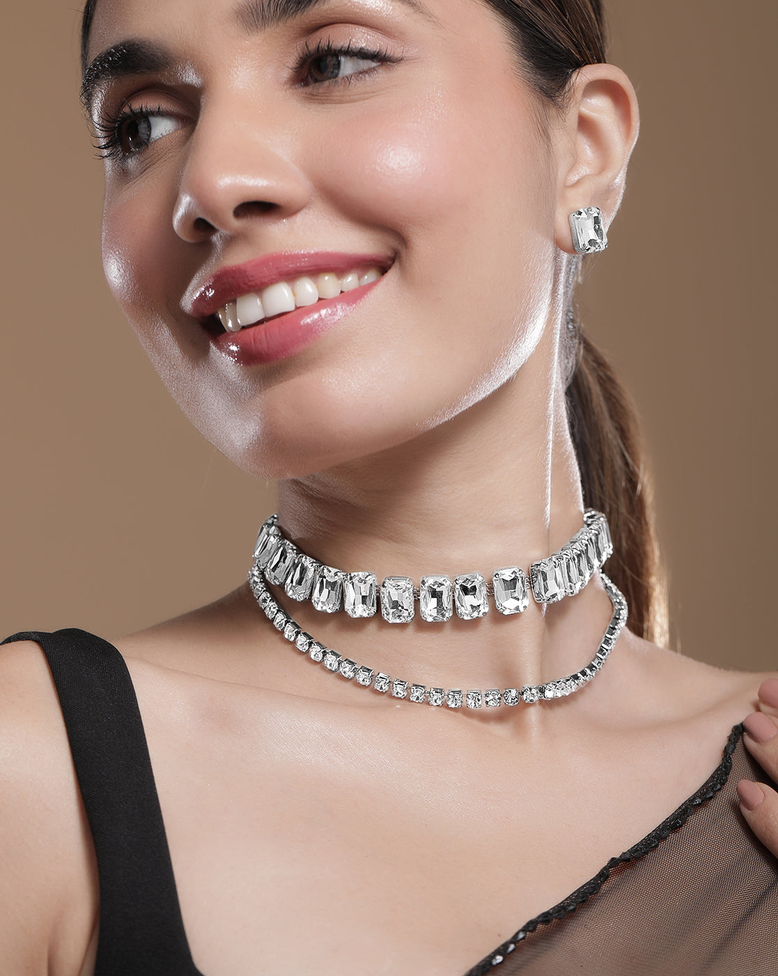 【Rubans】 Rhodium Plated Crystal & Cubic Zirconia Studded Choker Set｜ロジウムメッキ クリスタル＆キュービックジルコニア チョーカーセット