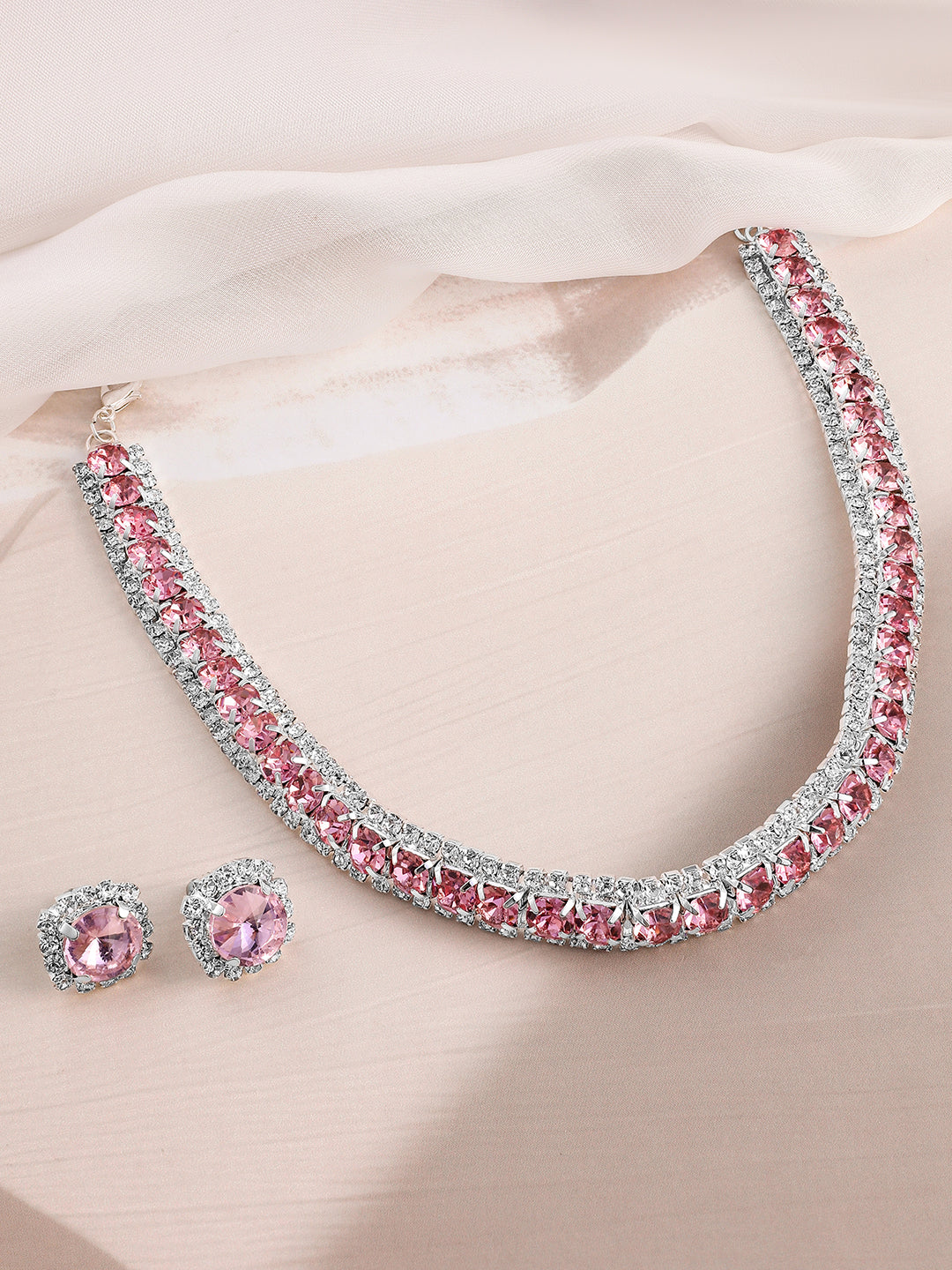 Pink Studded American Diamond Zirconia Choker Set Pink