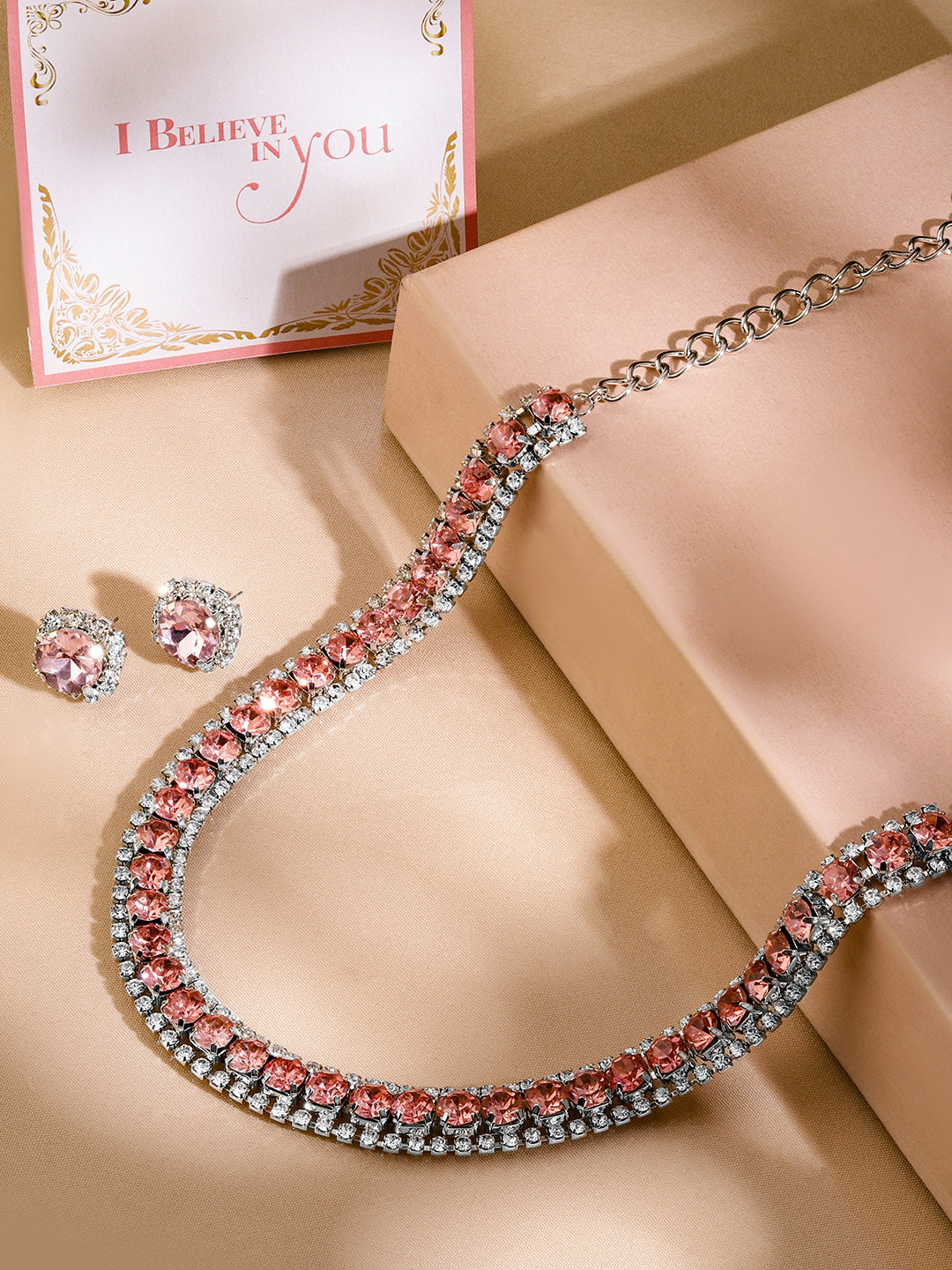 Pink Studded American Diamond Zirconia Choker Set Pink
