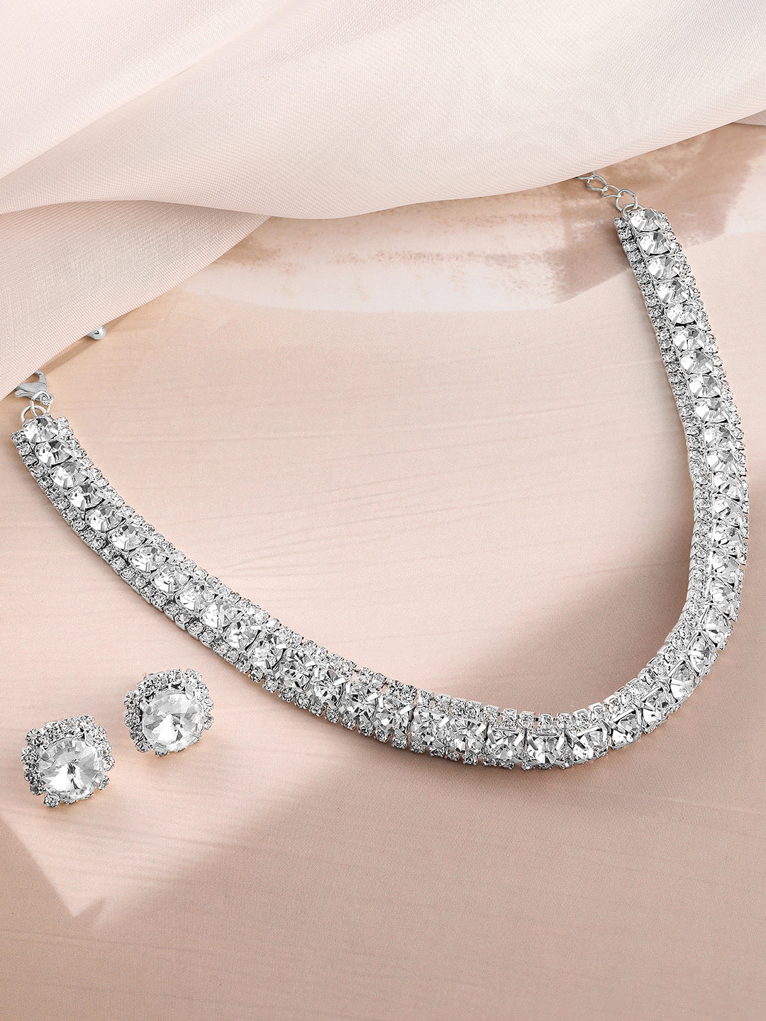 American Diamond Zirconia Crystal Studded Necklace Set Silver