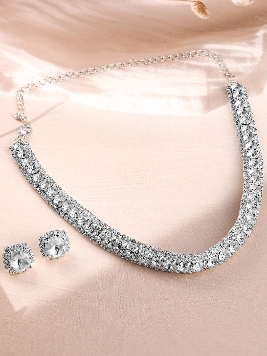 American Diamond Zirconia Crystal Studded Necklace Set Silver
