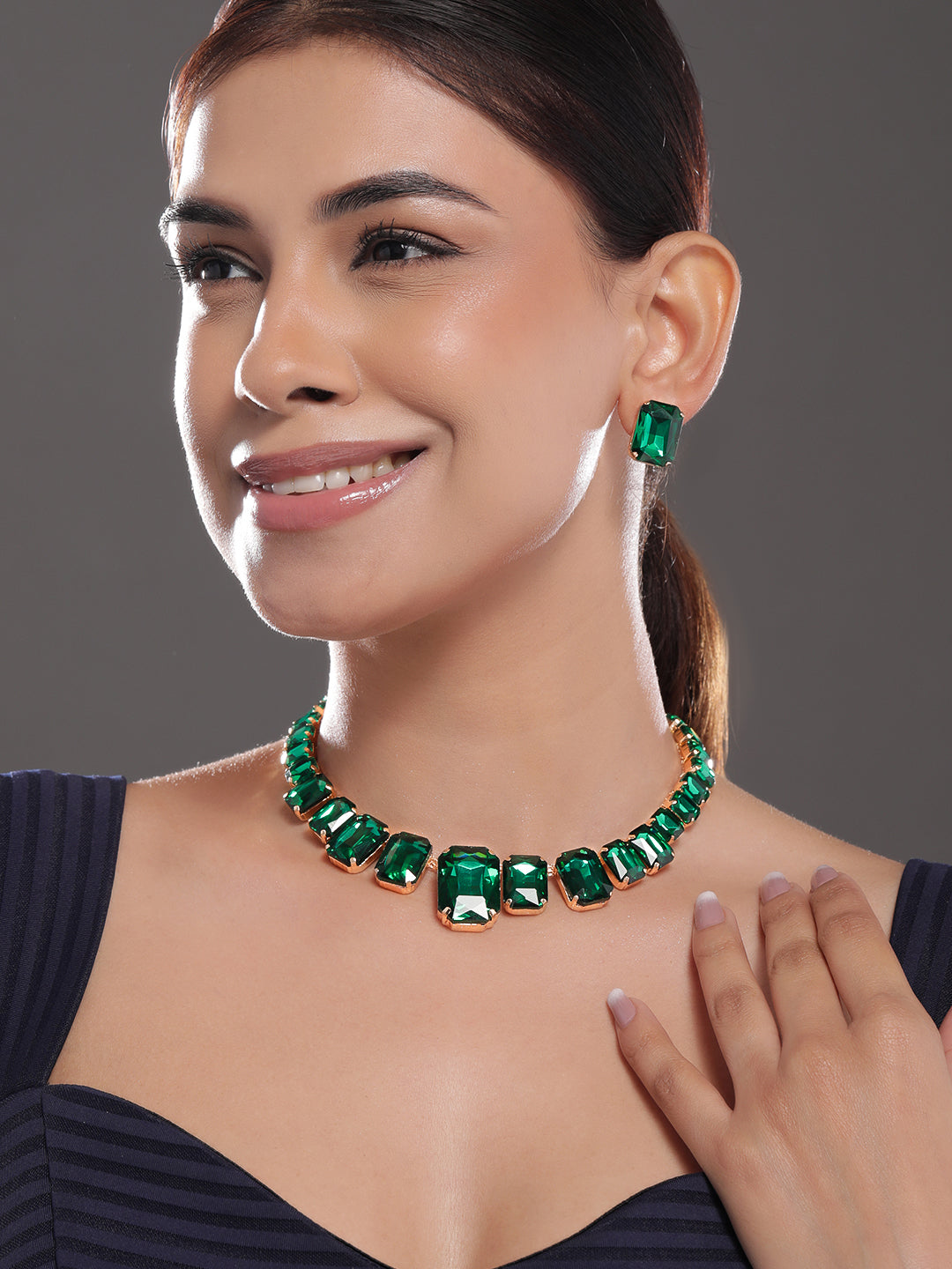Gold Toned Emerald Necklace Set Gold