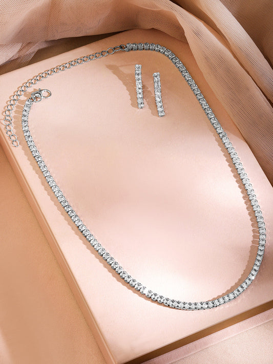 Studded American Diamond Zirconia White Necklace Set フリーサイズ