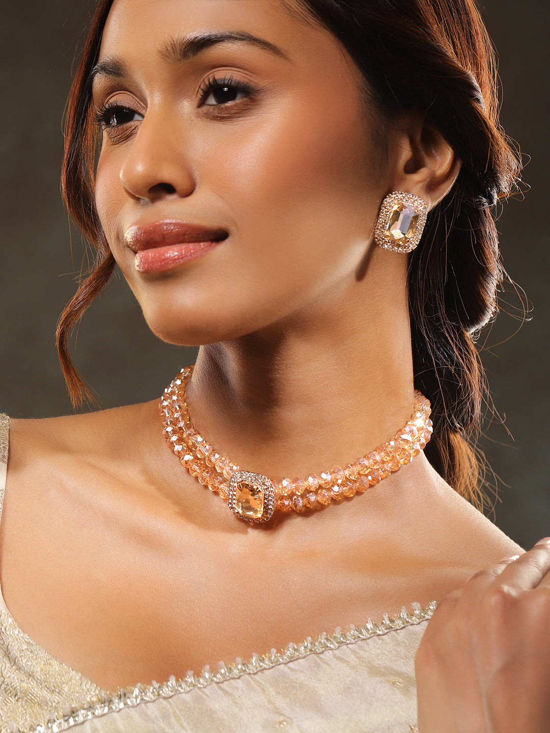 Beaded American Diamond Zirconia Choker Set Gold