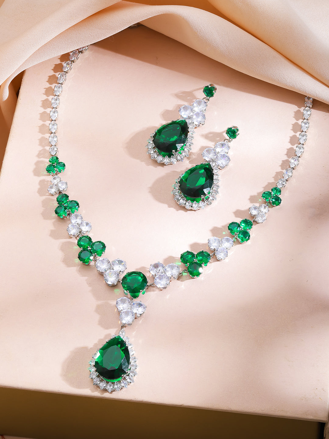Cocktail Glam Emerald Green White Crystal Necklace Set フリーサイズ