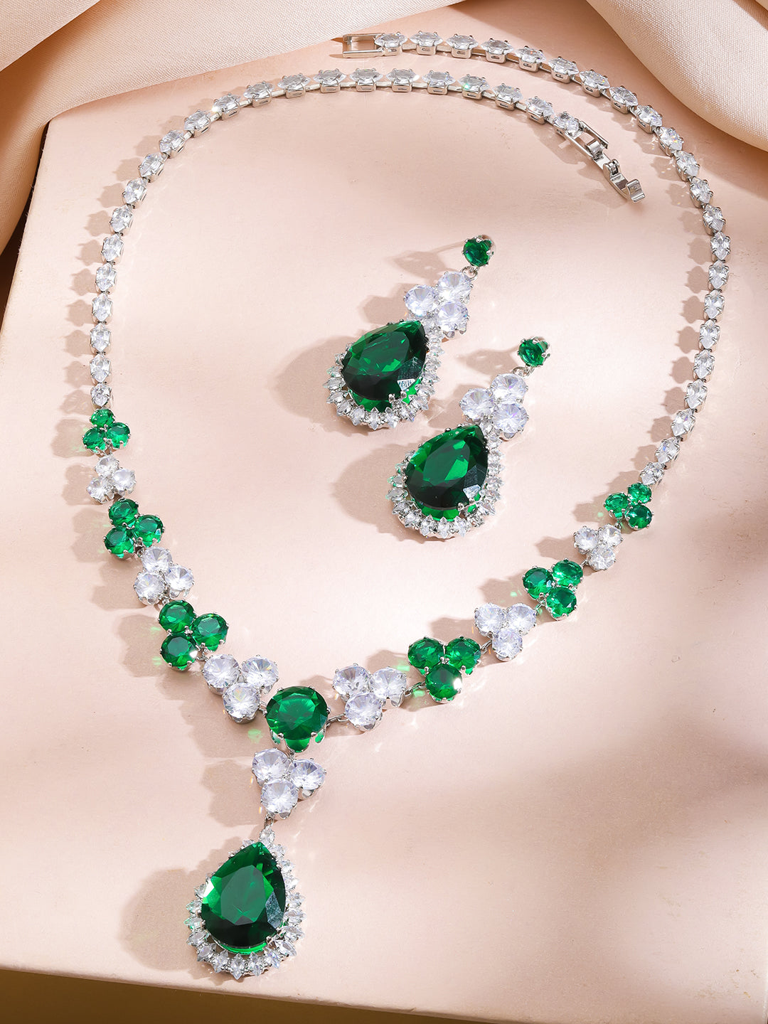 Cocktail Glam Emerald Green White Crystal Necklace Set フリーサイズ