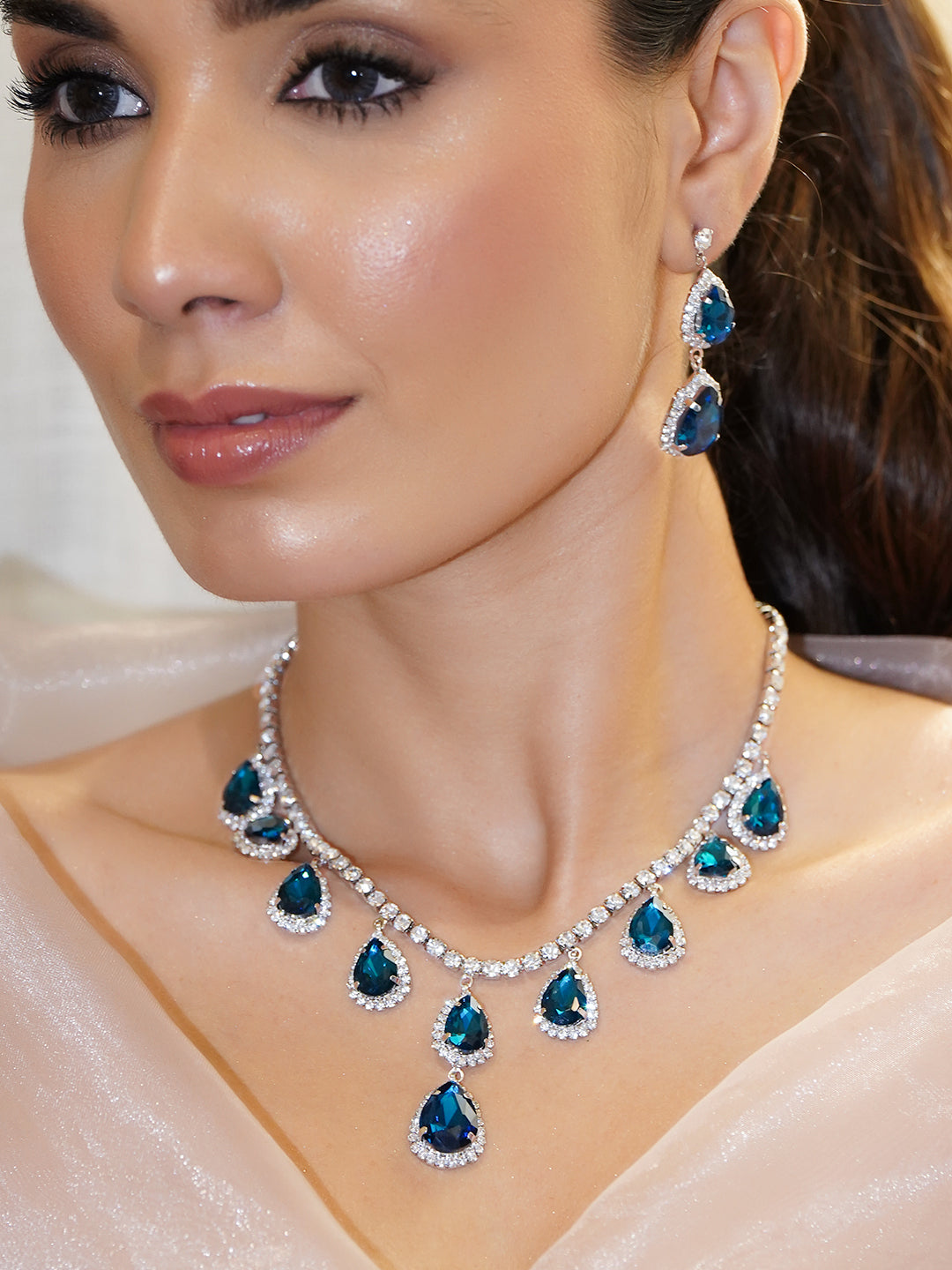 American Diamond Zirconia Blue Necklace Set フリーサイズ