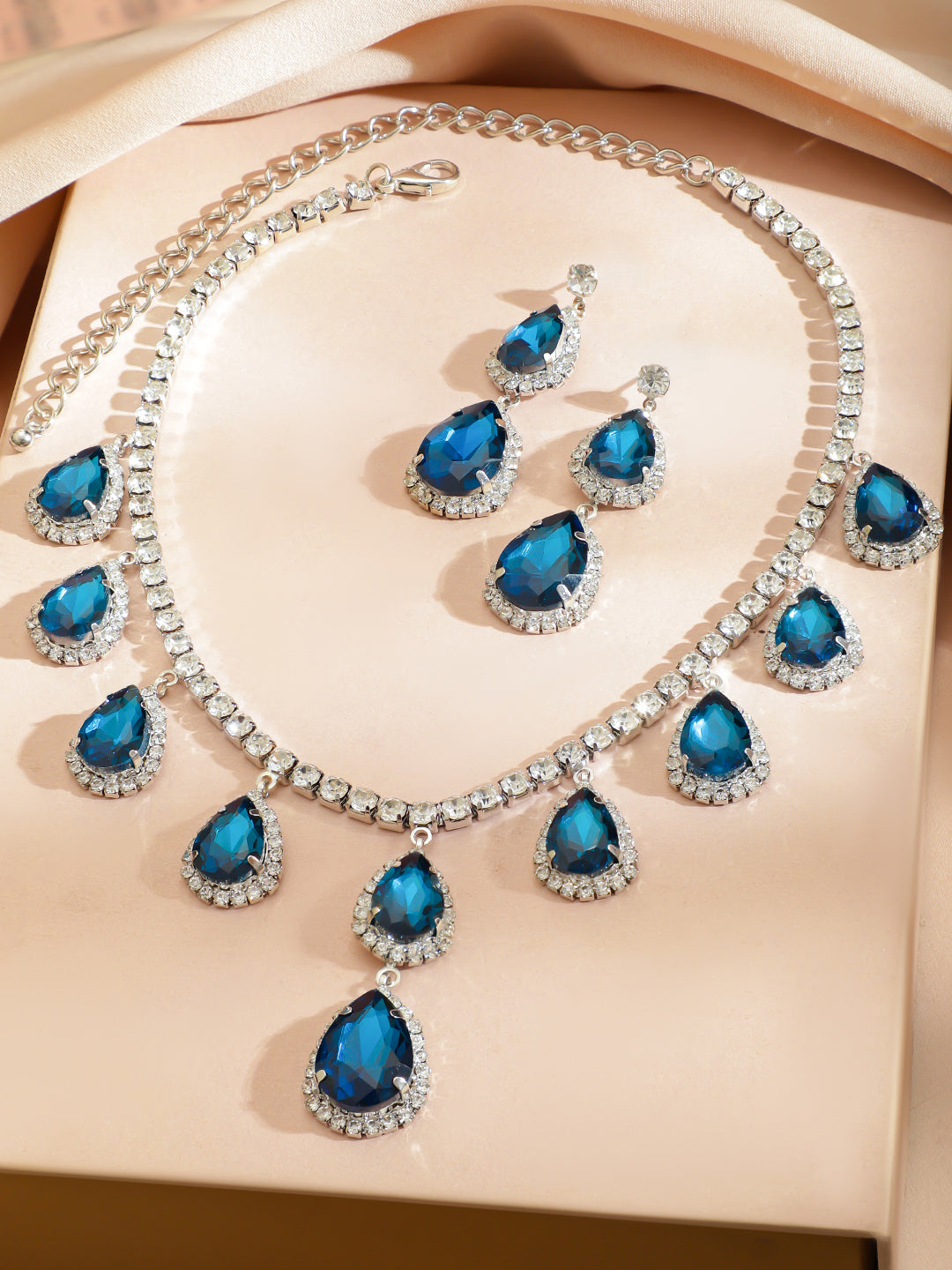 American Diamond Zirconia Blue Necklace Set フリーサイズ