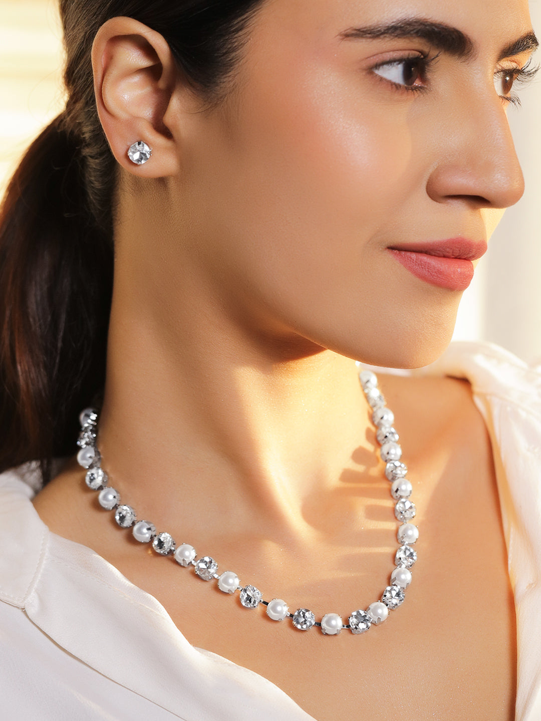 Minimal Pearl American Diamond Zirconia Necklace Set フリーサイズ