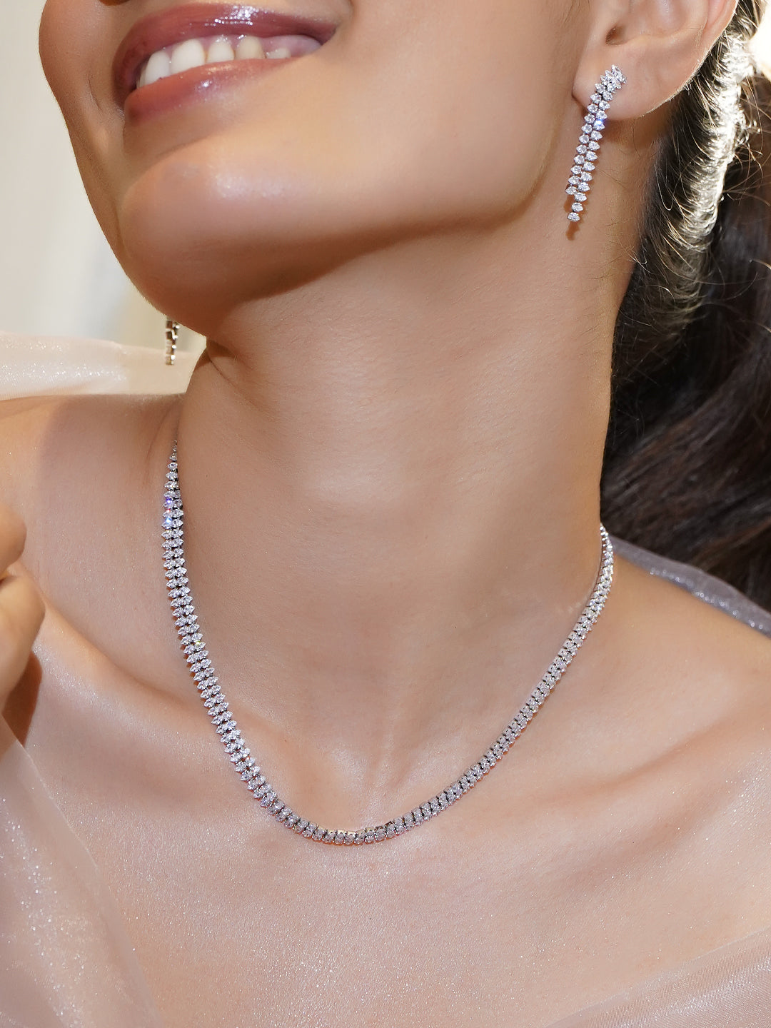 【Rubans】 Elegant Crystal Necklace Set｜ロジウムメッキ ホワイト キュービックジルコニア テニスネックレス イヤリングセット