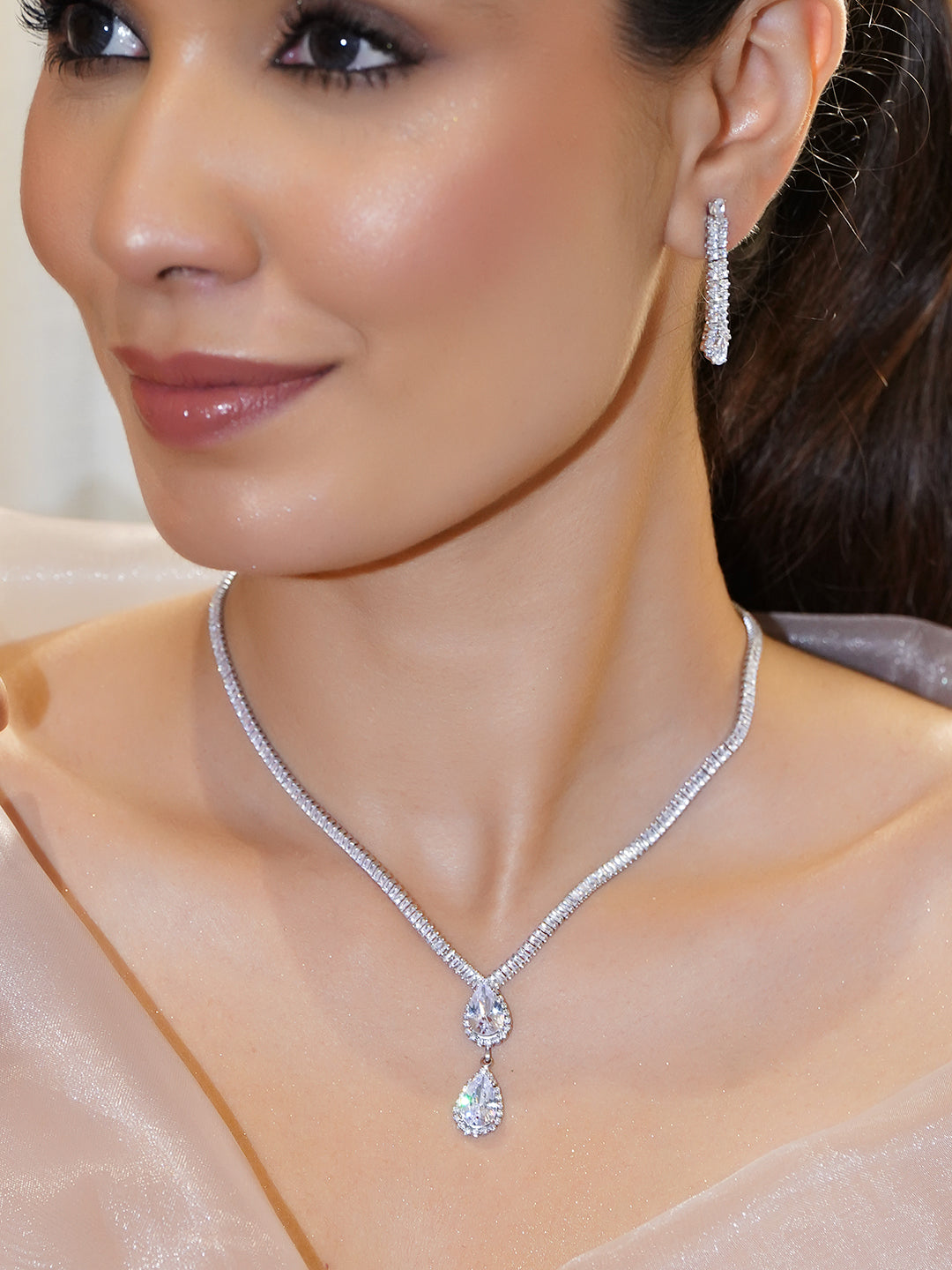 【Rubans】 American Diamond Zirconia Necklace Set｜ロジウムメッキ ホワイト キュービックジルコニア ティアドロップ ネックレスセット