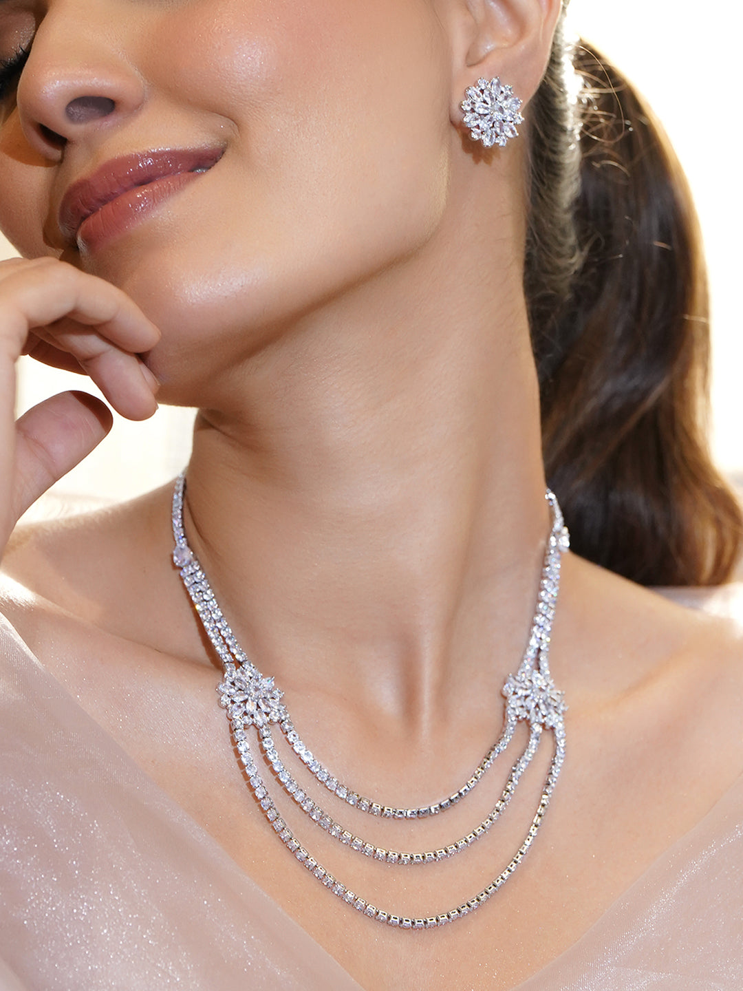 【Rubans】 Layered American Diamond Zirconia Flower Studded Necklace Set｜レイヤード アメリカンダイヤモンド ジルコニア フラワー ネックレスセット