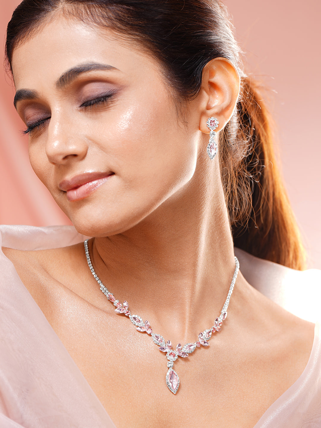 【Rubans】 Pink Crystal Floral Drop Necklace Set｜ピンククリスタル フローラルドロップ ネックレスセット