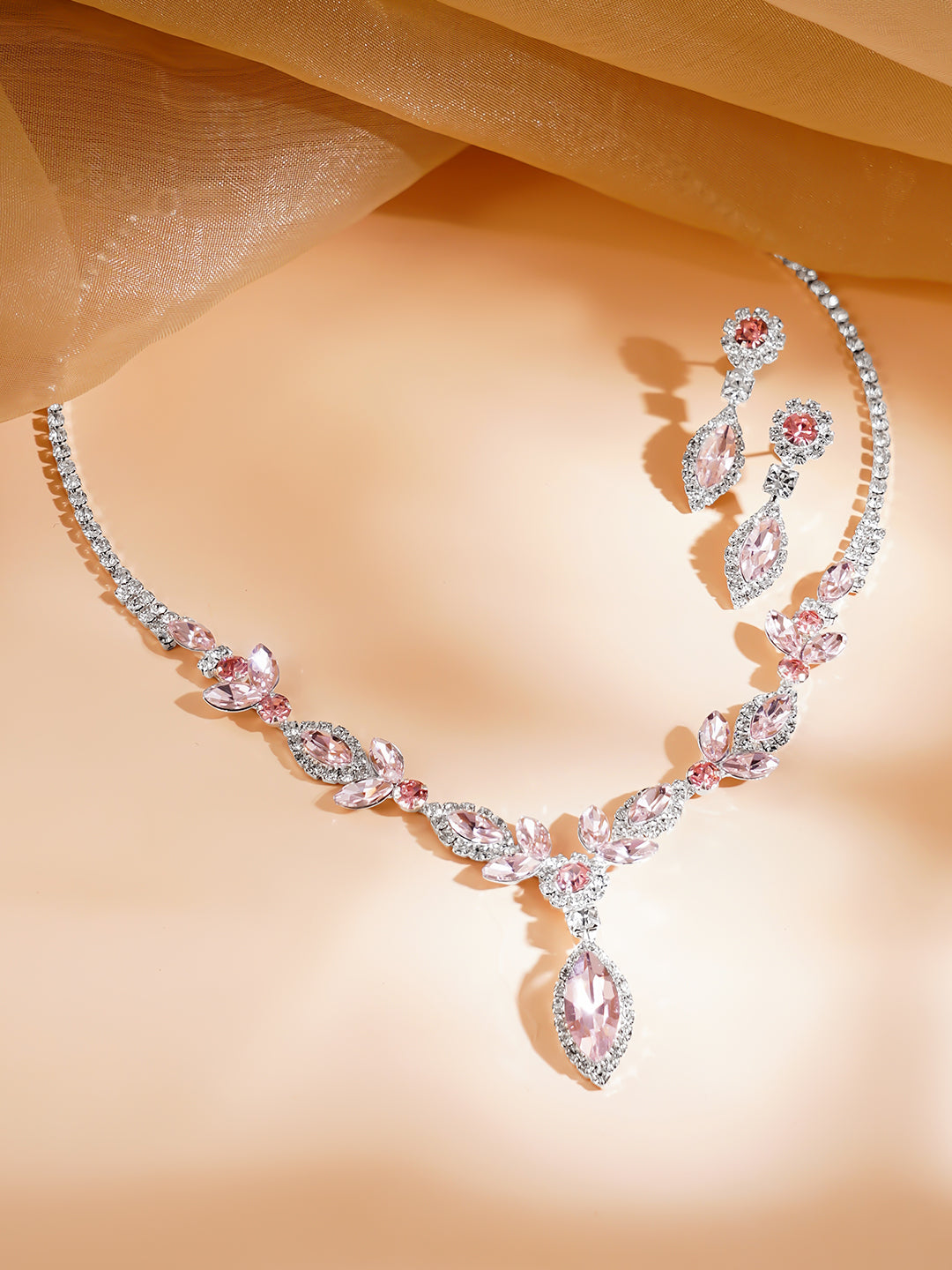 【Rubans】 Pink Crystal Floral Drop Necklace Set｜ピンククリスタル フローラルドロップ ネックレスセット