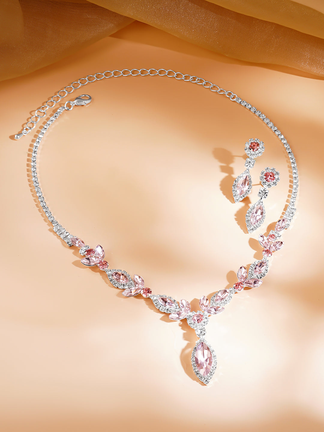 【Rubans】 Pink Crystal Floral Drop Necklace Set｜ピンククリスタル フローラルドロップ ネックレスセット