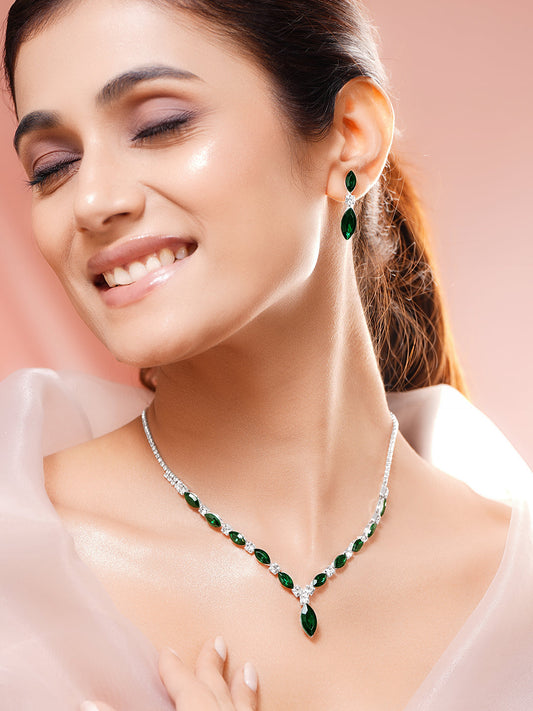 【Rubans】 Rhodium Plated Emerald Green Crystal Jewellery Set｜ロジウムメッキ エメラルドグリーン クリスタル ジュエリーセット