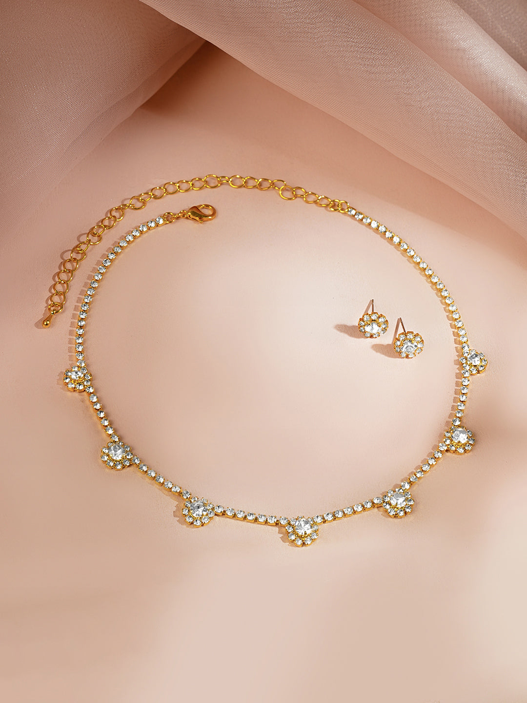 【Rubans】 Gold Plated Floral Charm Crystal Necklace Set｜ゴールドメッキ フローラルチャーム クリスタル ネックレスセット