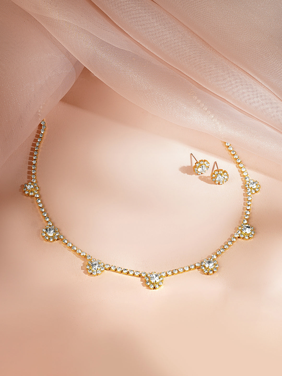 【Rubans】 Gold Plated Floral Charm Crystal Necklace Set｜ゴールドメッキ フローラルチャーム クリスタル ネックレスセット
