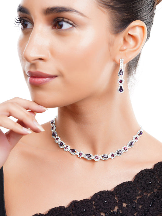 【Rubans】 Rhodium Plated Purple Crystal Teardrop Necklace Set｜ロジウムメッキ パープルクリスタル ティアドロップ ネックレスセット