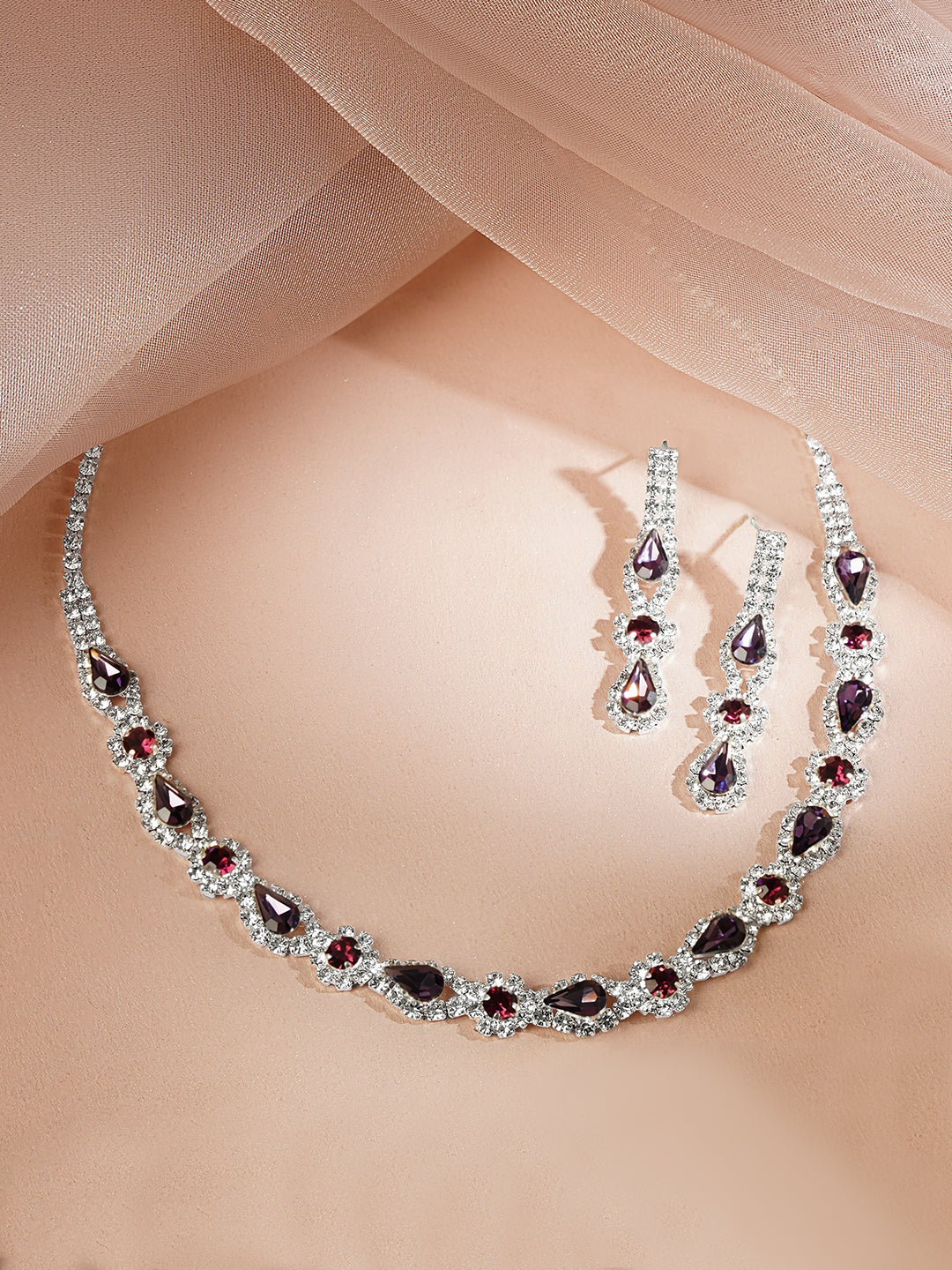 【Rubans】 Rhodium Plated Purple Crystal Teardrop Necklace Set｜ロジウムメッキ パープルクリスタル ティアドロップ ネックレスセット