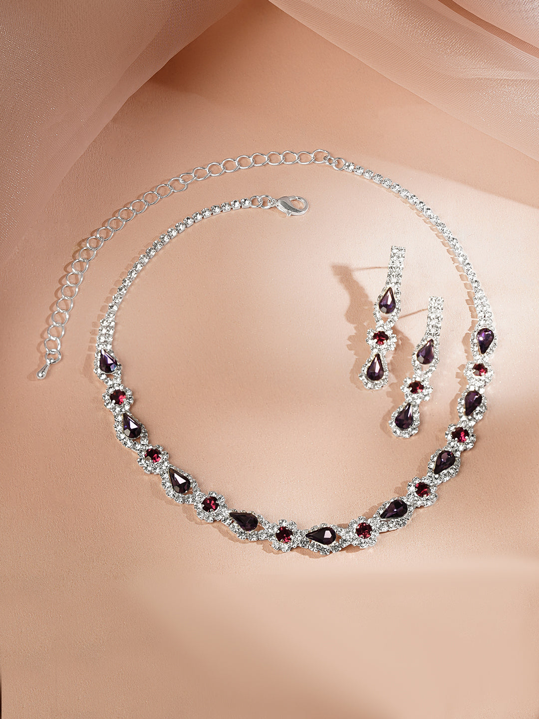 【Rubans】 Rhodium Plated Purple Crystal Teardrop Necklace Set｜ロジウムメッキ パープルクリスタル ティアドロップ ネックレスセット