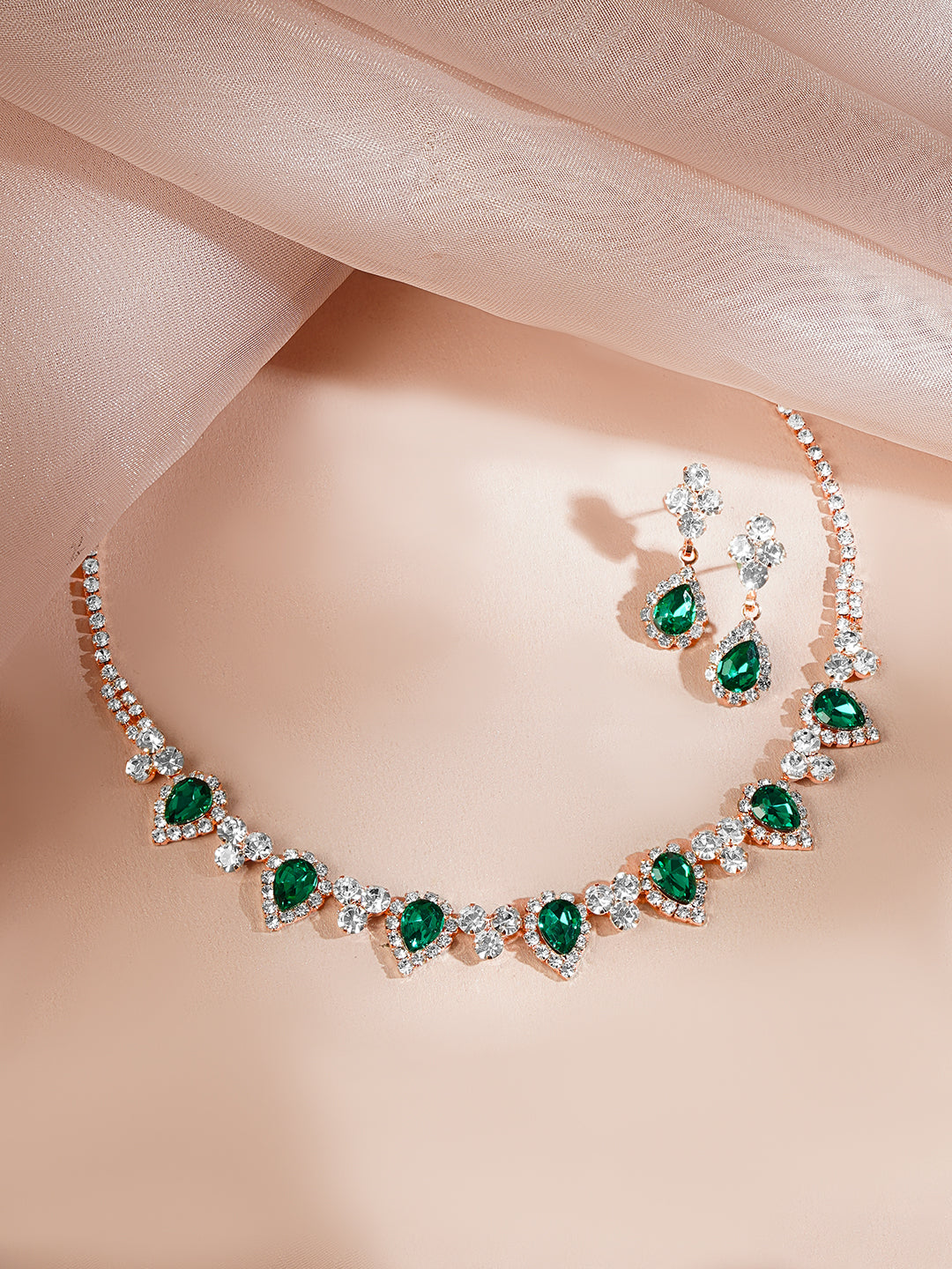 【Rubans】 Rose Gold-Plated Emerald Green Crystal Choker Necklace Set｜ローズゴールドメッキ エメラルドグリーン クリスタル チョーカー ネックレスセット