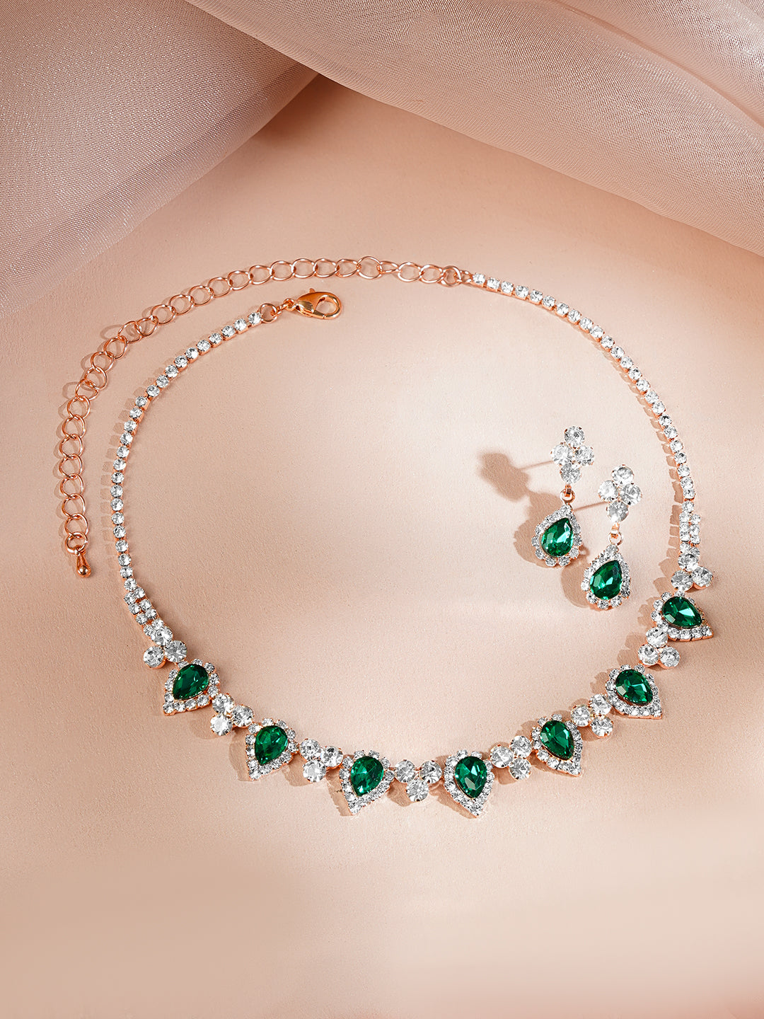 【Rubans】 Rose Gold-Plated Emerald Green Crystal Choker Necklace Set｜ローズゴールドメッキ エメラルドグリーン クリスタル チョーカー ネックレスセット