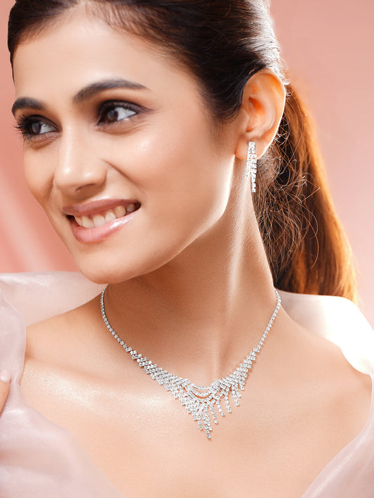 【Rubans】 Rhodium Plated Fringe Tassel Crystal Necklace Set｜ロジウムメッキ フリンジタッセル クリスタル ネックレスセット