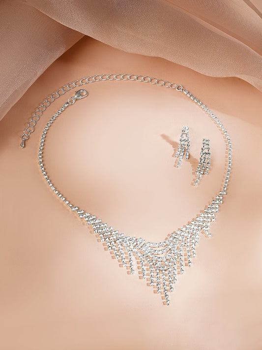 【Rubans】 Rhodium Plated Fringe Tassel Crystal Necklace Set｜ロジウムメッキ フリンジタッセル クリスタル ネックレスセット
