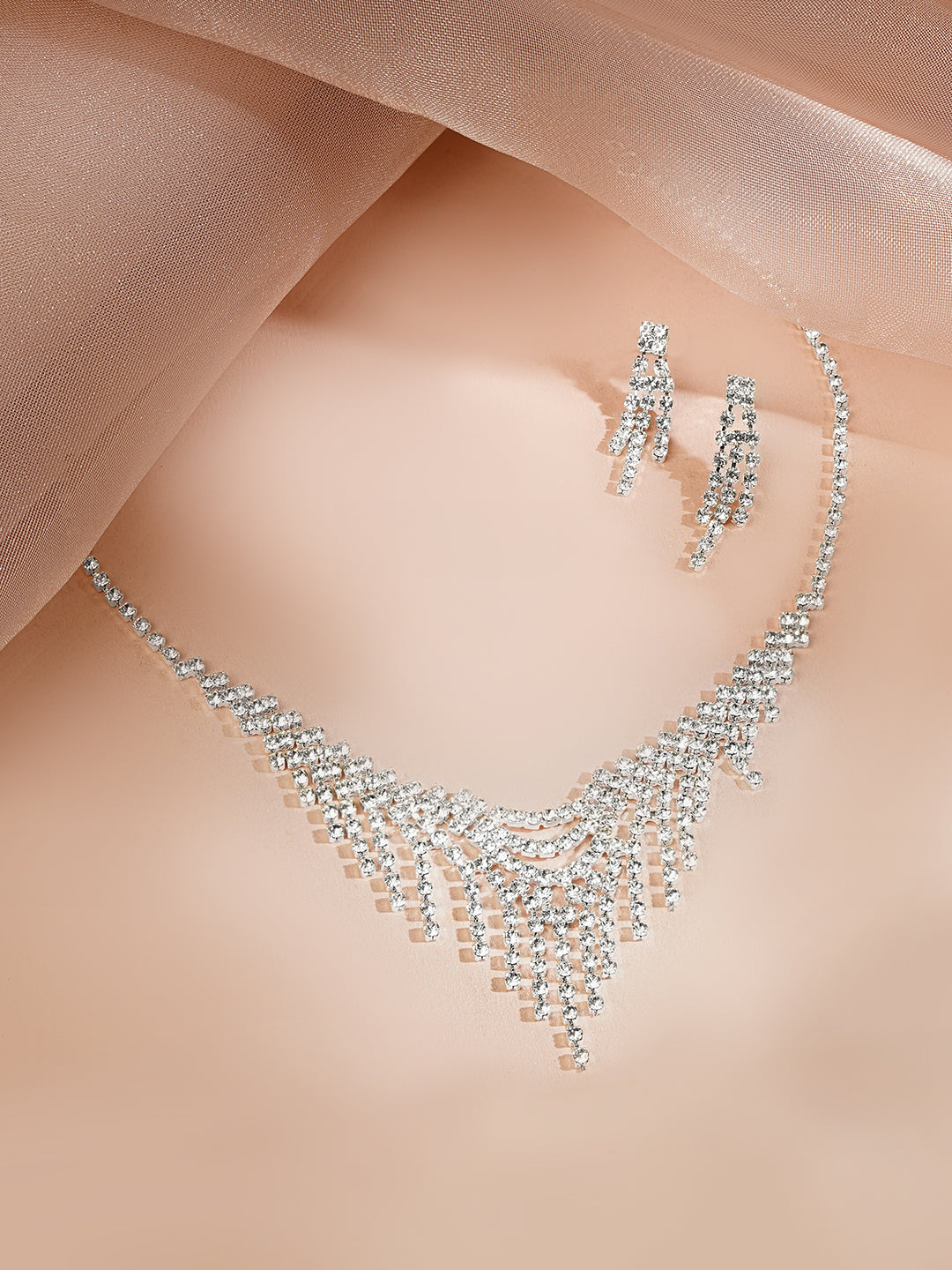 【Rubans】 Rhodium Plated Fringe Tassel Crystal Necklace Set｜ロジウムメッキ フリンジタッセル クリスタル ネックレスセット