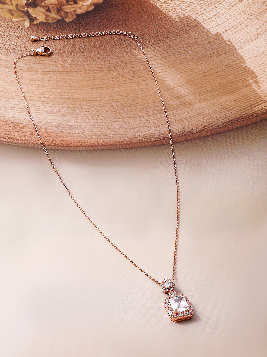 Voguish Rhodium Plated Sparkling AD & Cubic Zirconia Studded Rectangle Pendant Necklace Gold