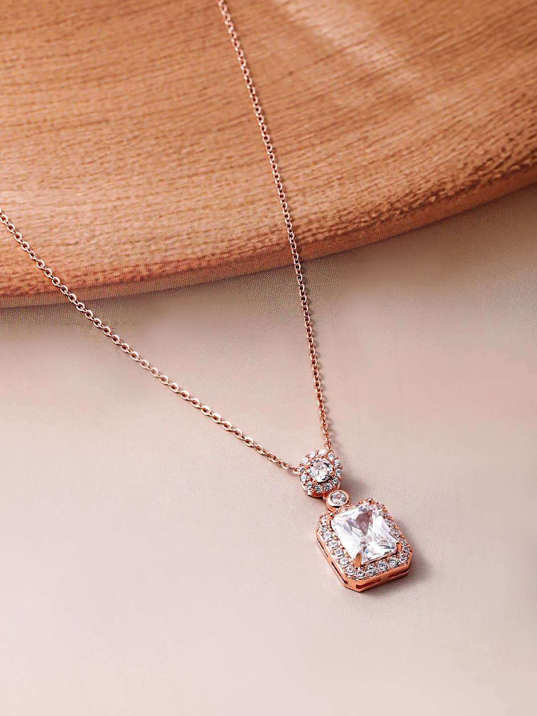 Voguish Rhodium Plated Sparkling AD & Cubic Zirconia Studded Rectangle Pendant Necklace Silver