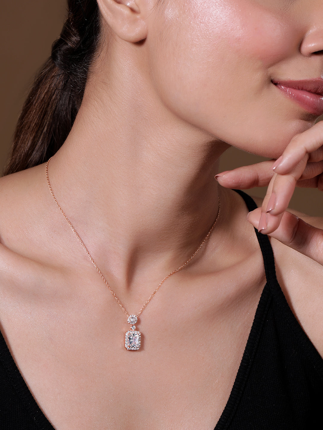 Voguish Rhodium Plated Sparkling AD & Cubic Zirconia Studded Rectangle Pendant Necklace Gold