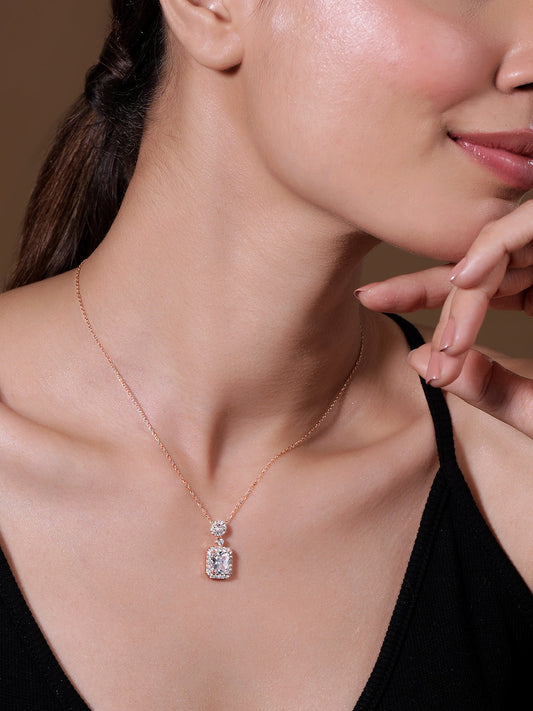 Voguish Rhodium Plated Sparkling AD & Cubic Zirconia Studded Rectangle Pendant Necklace Silver