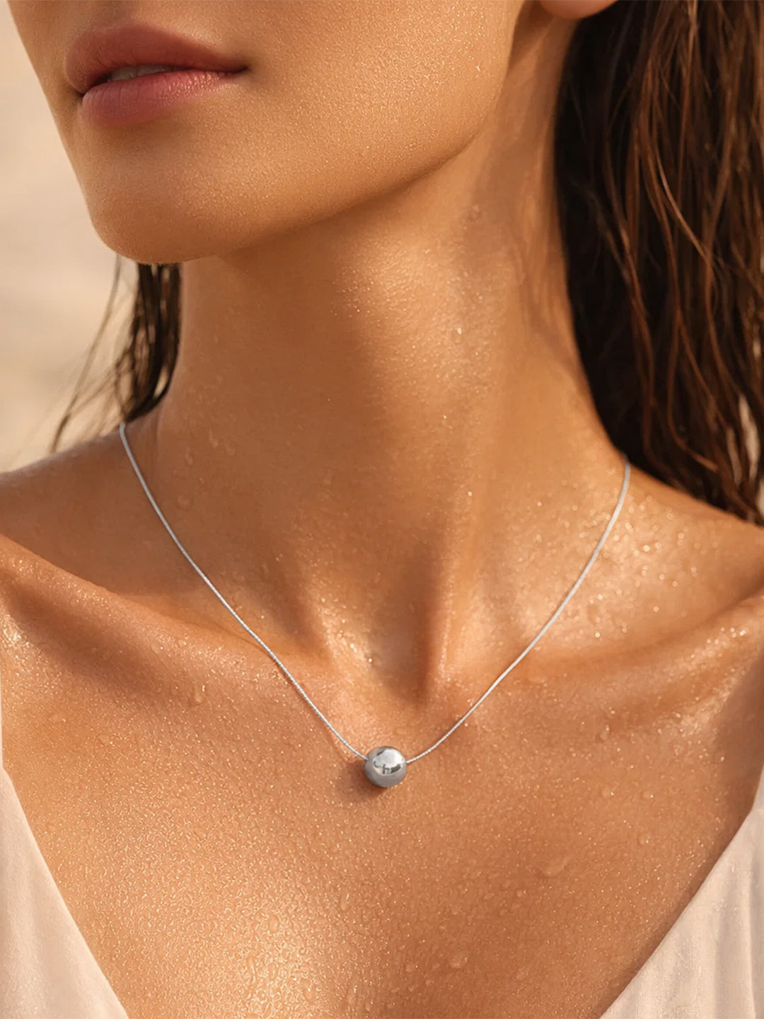 Demi Fine Rhodium Plated Stainless steel Minimal Ball Pendant Snake Chain Necklace Length - 18.9 cm