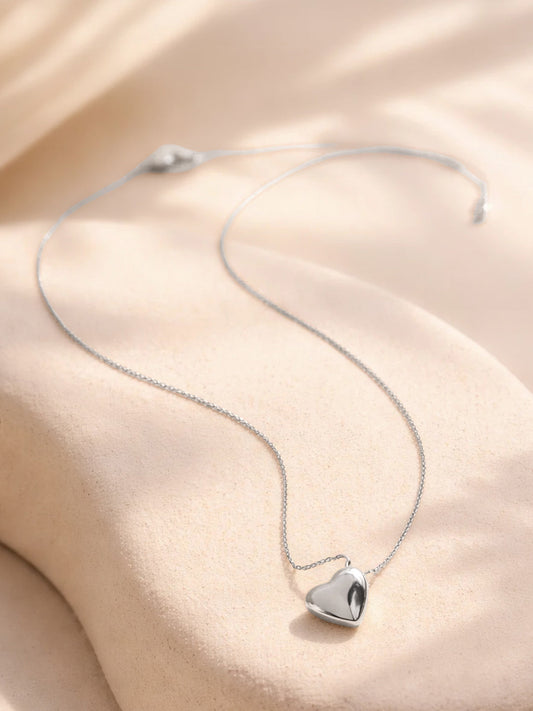 Demi Fine Rhodium Plated Stainless steel Puffy Heart Pendant Rope Chain Necklace Length - 27.5 cm
