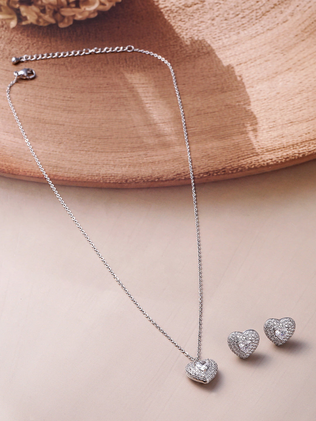 American Diamond Zirconia Heart Shape Pendant Set Silver