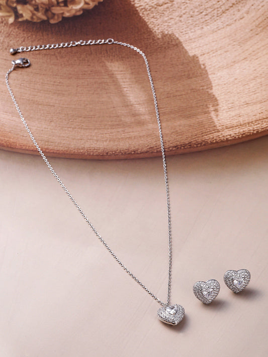 American Diamond Zirconia Heart Shape Pendant Set Silver
