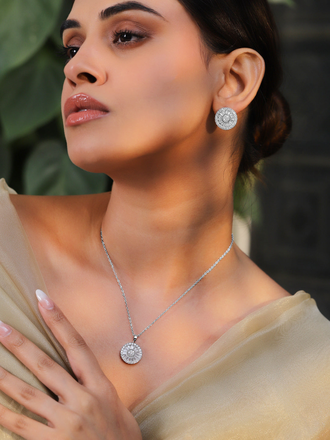Crystal Pendant Necklace Set Silver