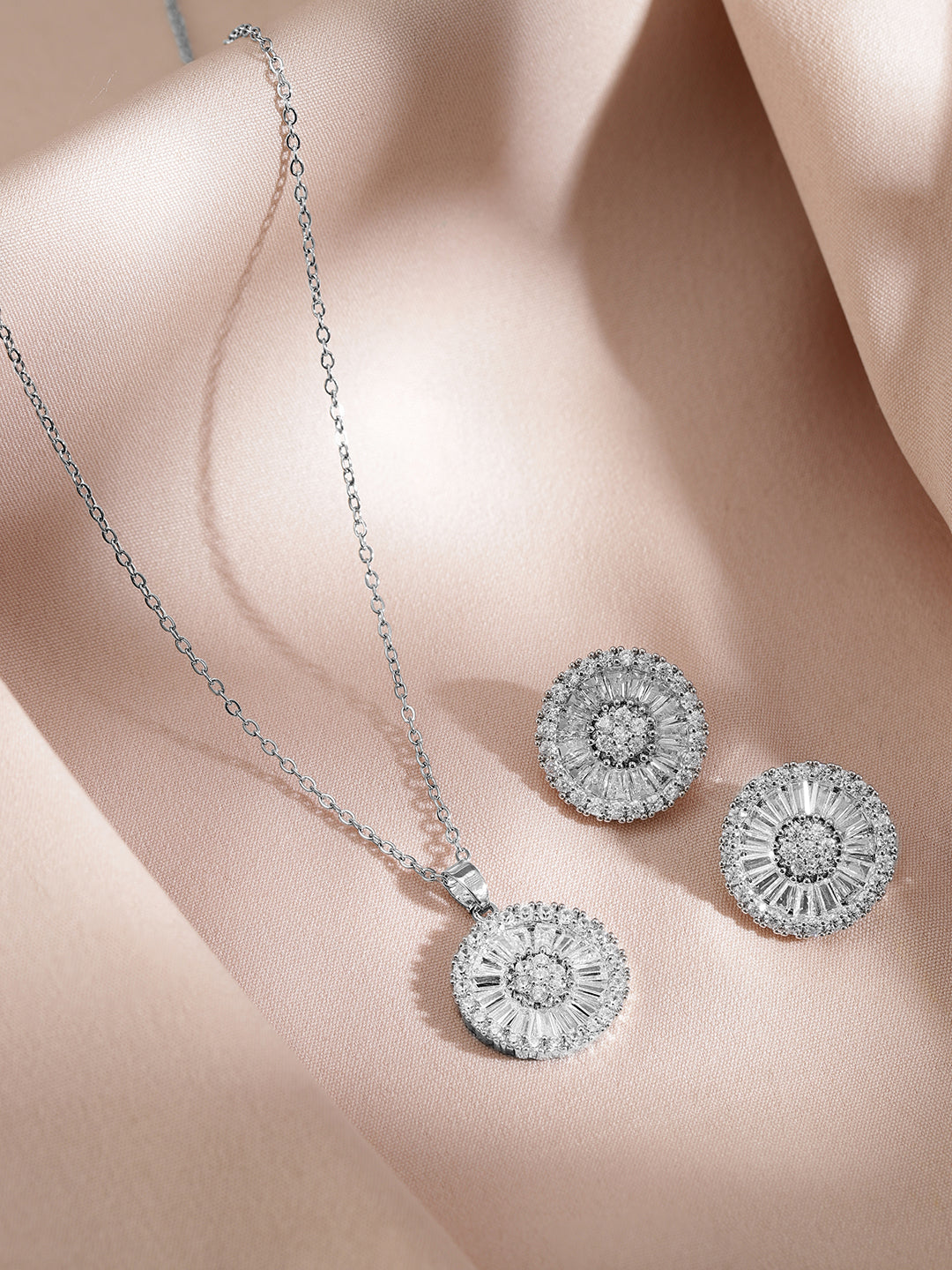 Crystal Pendant Necklace Set Silver