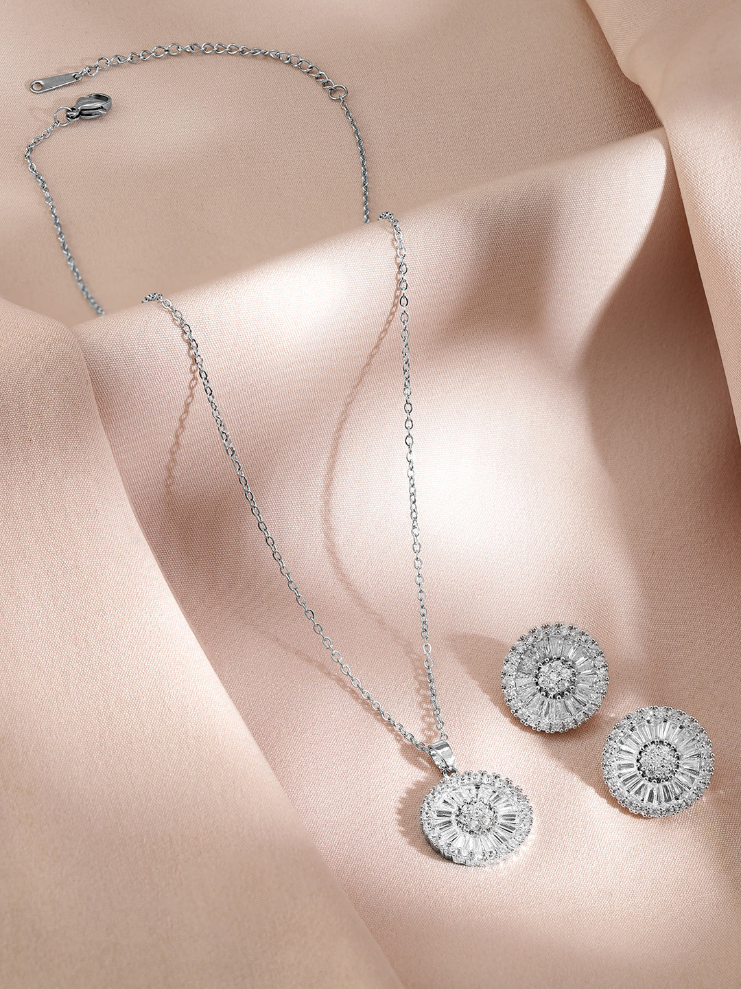 Crystal Pendant Necklace Set Silver