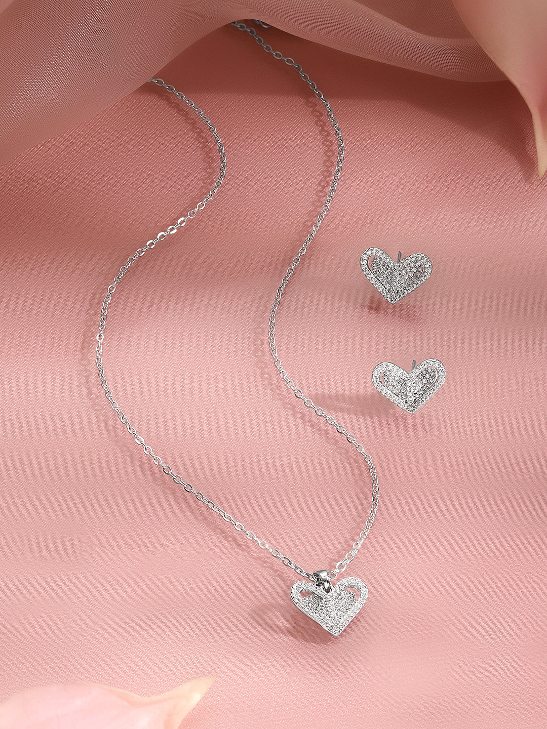 Crystal Diamond Heart Pendant Set Length - N-21 cm , E-1 cm